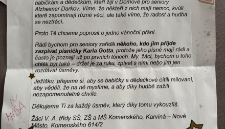 Dojemné vánoční přání od dětí ze ZŠ a MŠ Komenského v Karviné